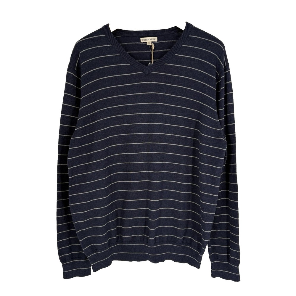 British Khaki Mens Cotton V Neck Sweater Size XL Blue Stripe Classic Preppy